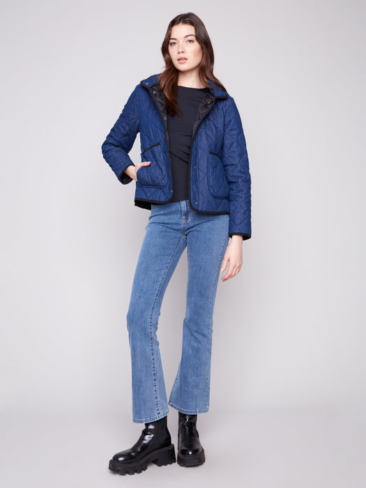 Denim Quilted Puffer Jacket With Removable Hood