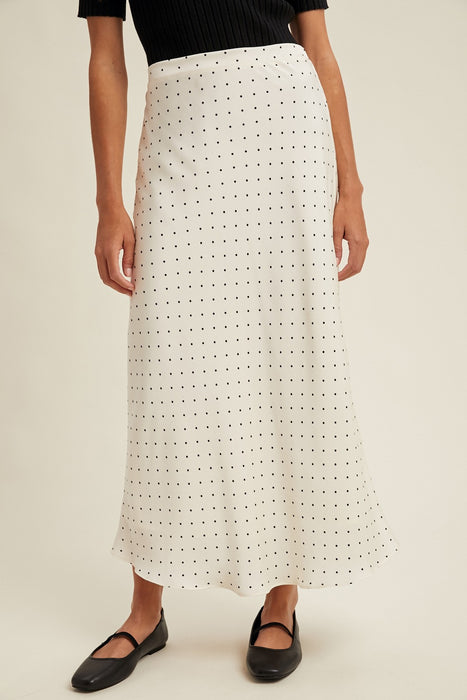 Polka Dot Satin Midi Skirt - Off White & Black