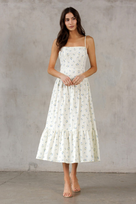 Blue Dot Flower Dress - Cream & Blue