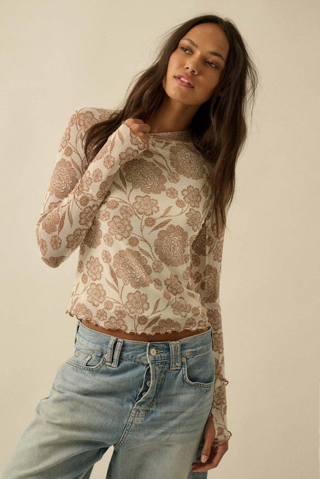Floral Print Mesh Mock Neck Raglan Top Cream