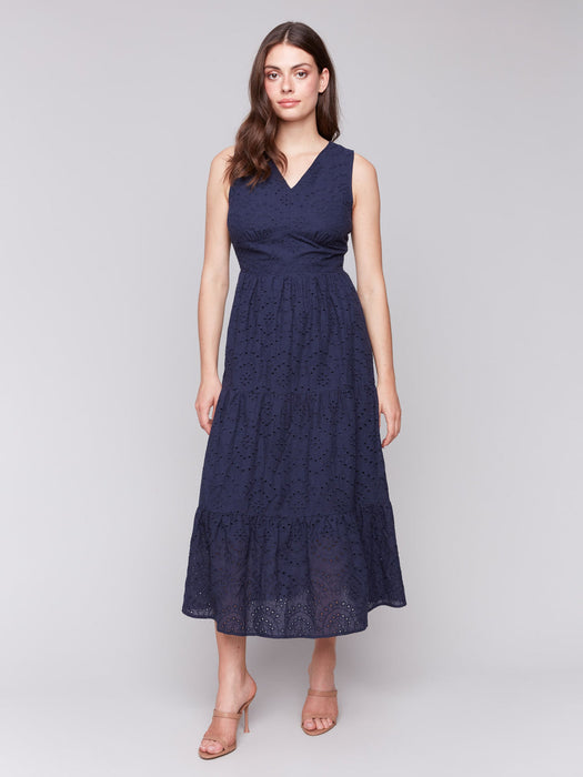 Lined Long Dress Elastic Waistband - Navy
