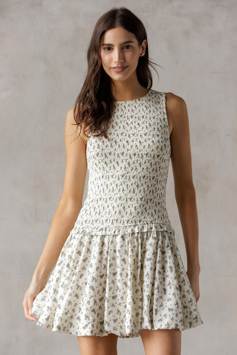 Drop Waist Bubble Hem Floral Mini Dress - Ivory & Black