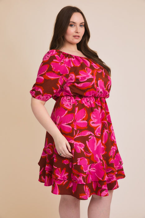 Floral 3/4 Sleeve Dress - Burgundy