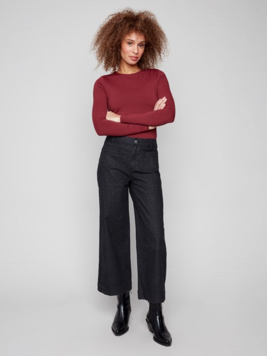 Cropped Patch Pockets Flare Jacquard Pants - Leopard & Black