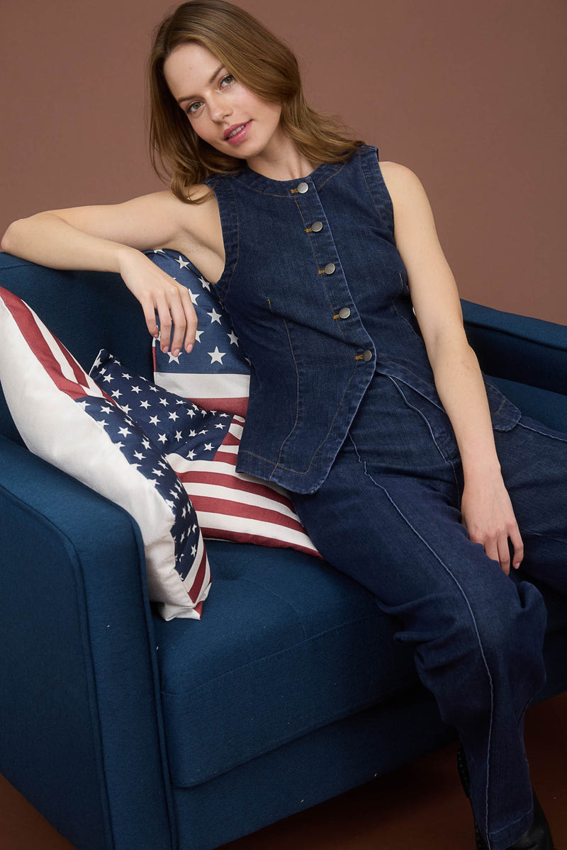 Collared Contrast Stripe Button Down Knit Top - Denim