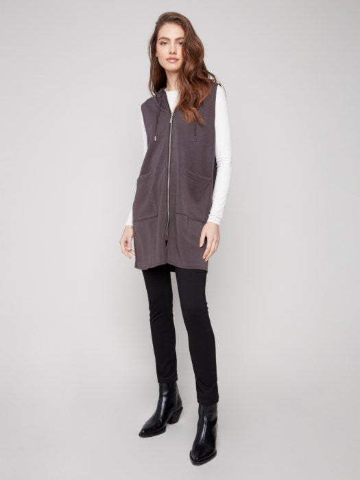 Soft Scuba Zip Front Vest W/ Hood - Mocha