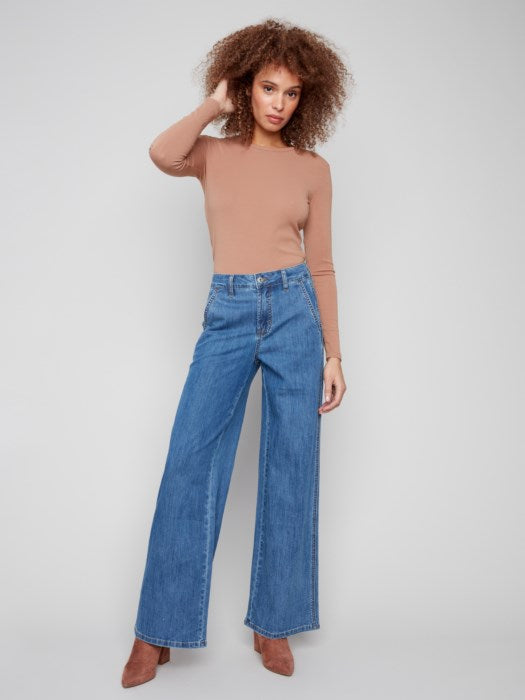 Wide Leg Stretch Denim Pants With Slash Pockets - Classic Denim Classic Blue