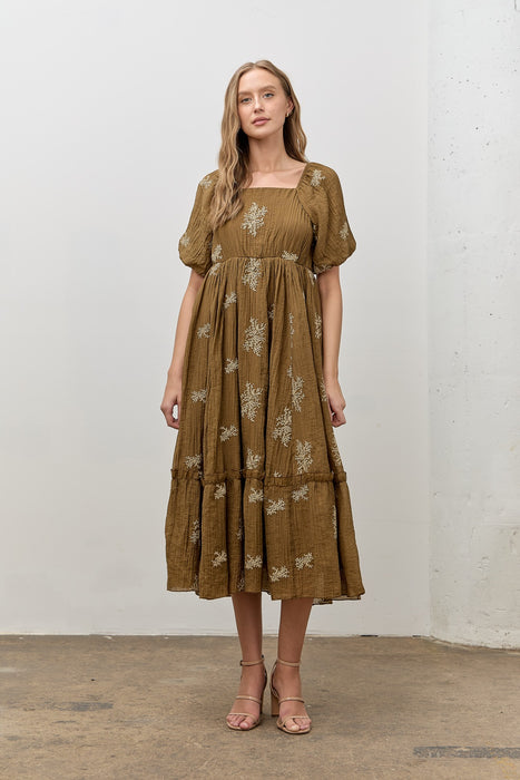 Embroidered Maxi Dress - Dark Olive