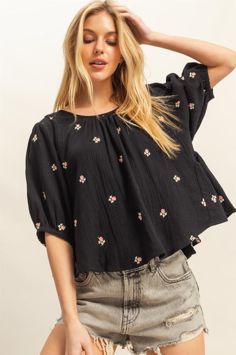 Floral Gauze Top - Black