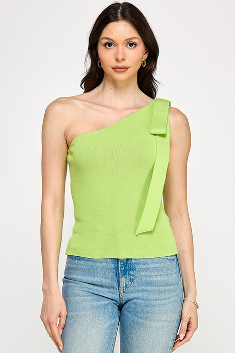 Bow Detail One Shoulder Top - Green