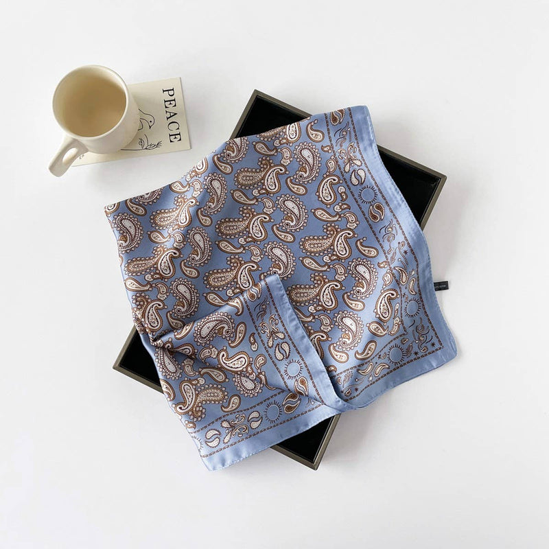Light Blue Paisley Satin Square Scarf- 70cm Head & Neck