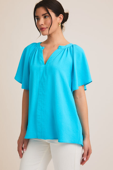 Notch Neck Ruffle Sleeve Top - Turquoise