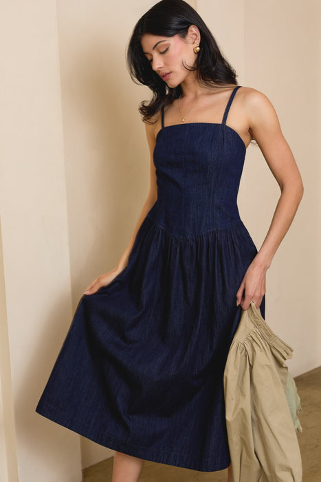 Pointy Waist Sleeveless Midi Dress - Denim