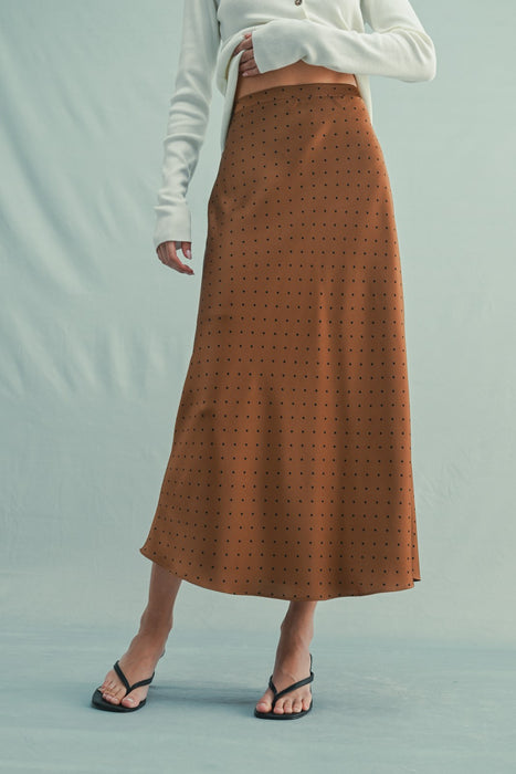Polka Dot Satin Midi Skirt - Chocolate & Black
