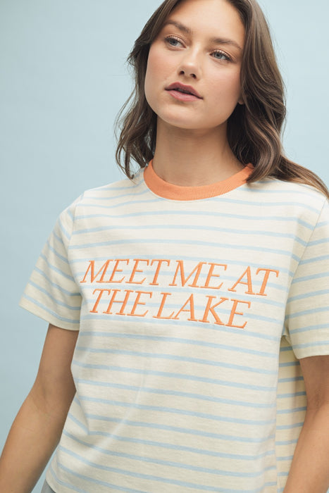 Striped Tee With 'Meet Me At The Lake' Embroidery - Cream & Sky