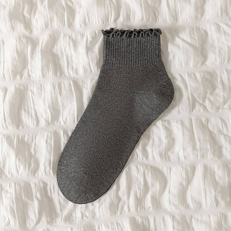 Dark Grey Cotton Lace Trim Crew Socks