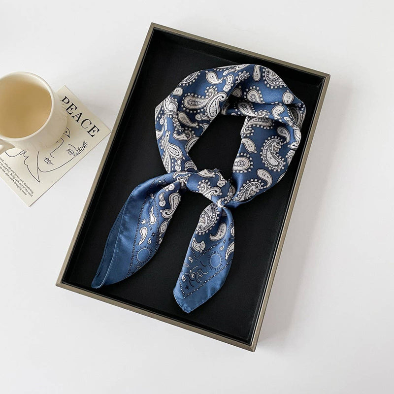 Blue Paisley Satin Square Scarf- 70cm Neck & Head