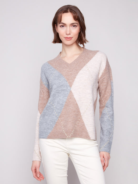 Drop Shoulder V Neck Jacquard Sweater - Sesame