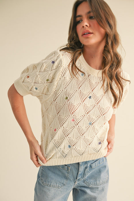 Pointelle Knit Sweater with Floral - Cream