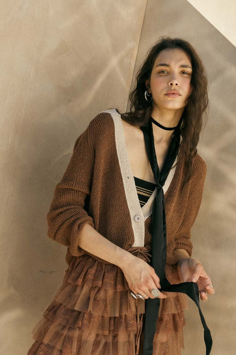 Ribbed Knit Contrast Cardigan Sweater - Sunburn