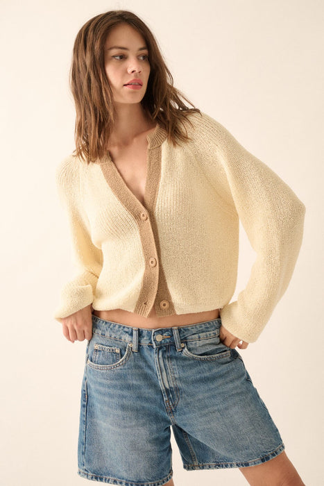 Ribbed Knit Contrast Cardigan Sweater - Cream