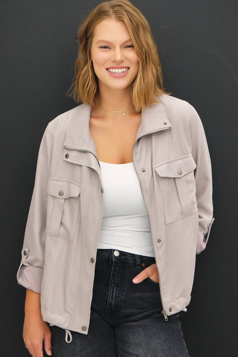 Cropped Utility Zipper Safari Jacket - Warm Grey
