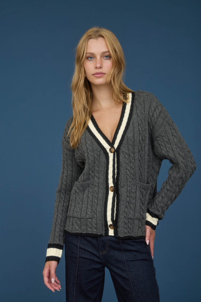 Contrast Stripe Trim Cable Knit Boyfriend Cardigan Grey