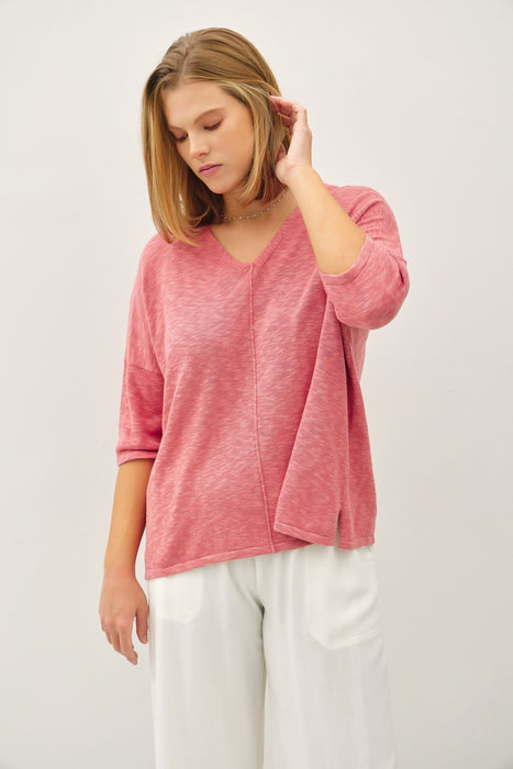 Cotton Slub V Neck Tee - Dusty Coral