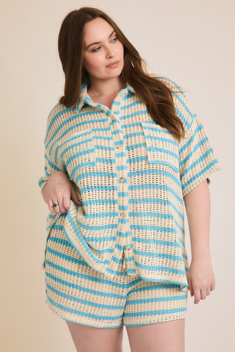 Button Down Knit Shirt - Cream & Blue