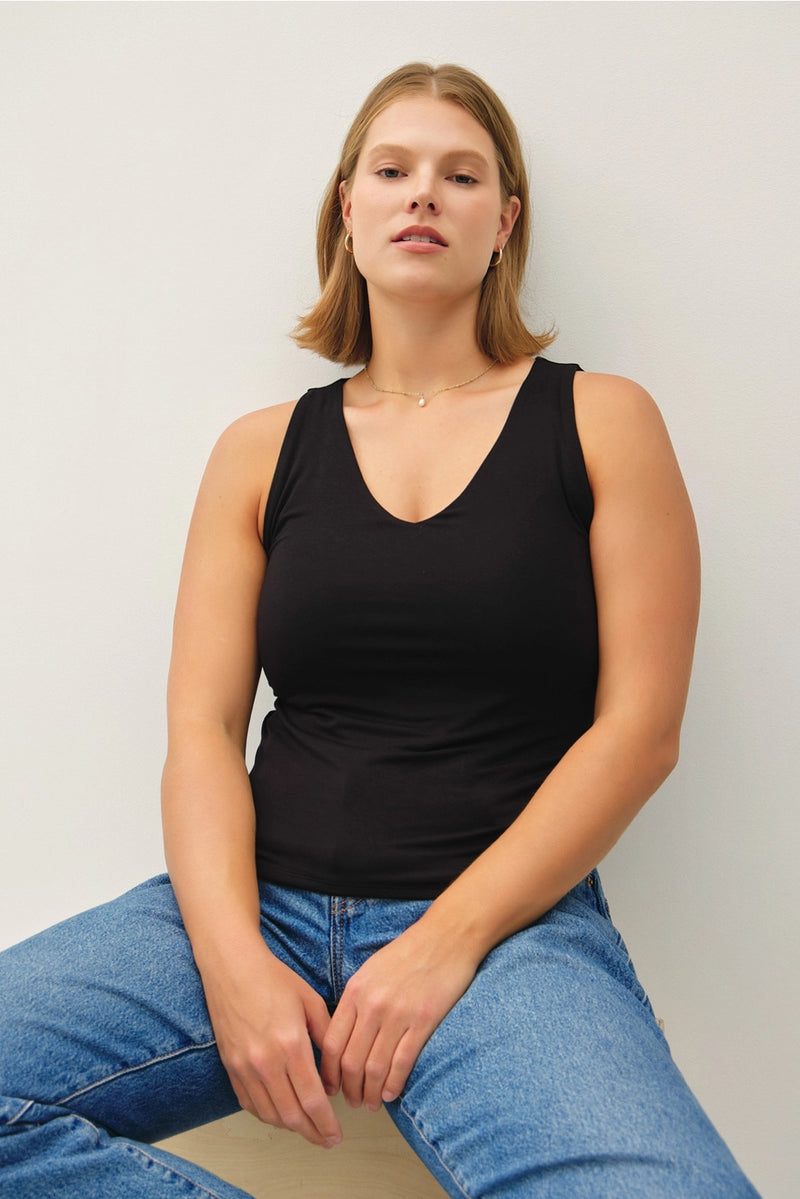 Double Lined V Neck Basic Tank - Black