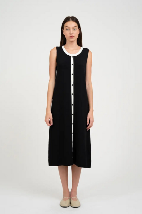 White Contrast Knit Long Dress Black/White