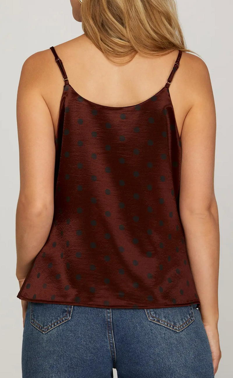 Polka Dot Satin Cowl Neck Cami - Garnet