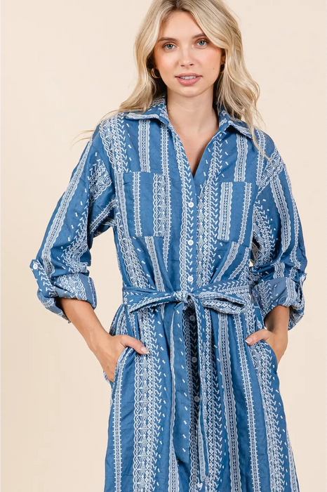 Curvy Striped Pattern Embroidered Midi Shirt Dress Denim