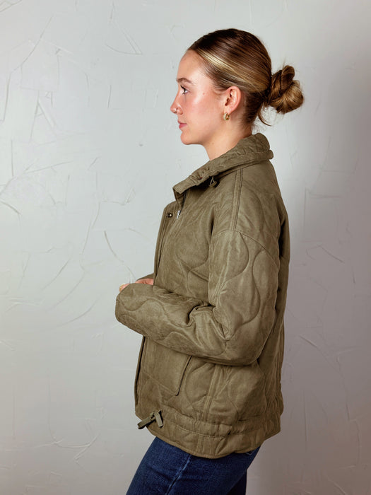 Quilted Puffer High Collar Jacket - Olive