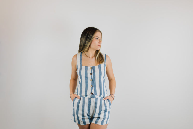 Striped Button Down Sleeveless Linen Top - Navy