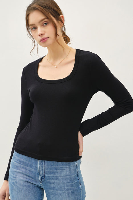 Basic Scoop Neck Long Sleeve Tee - Black