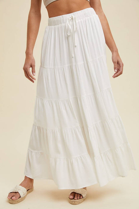 Tiered Maxi Skirt With Drawstring - White