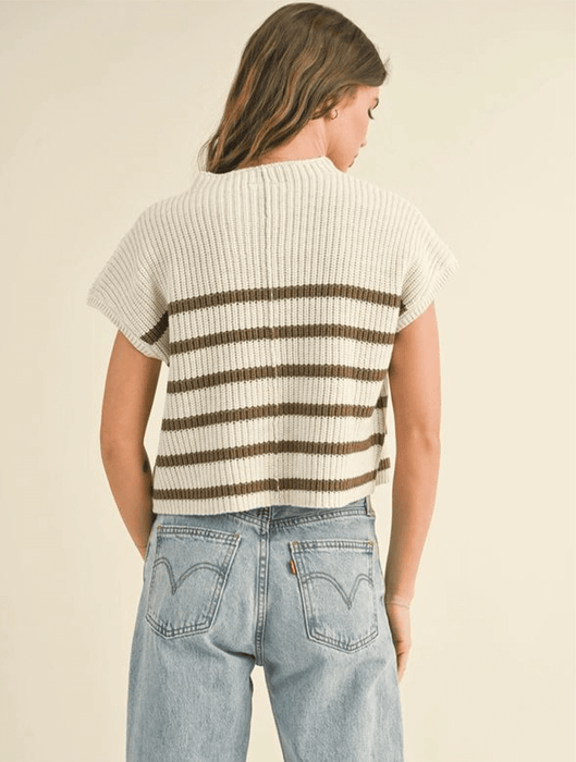 Half Mock Neck Striped Knit Top White Forest Green