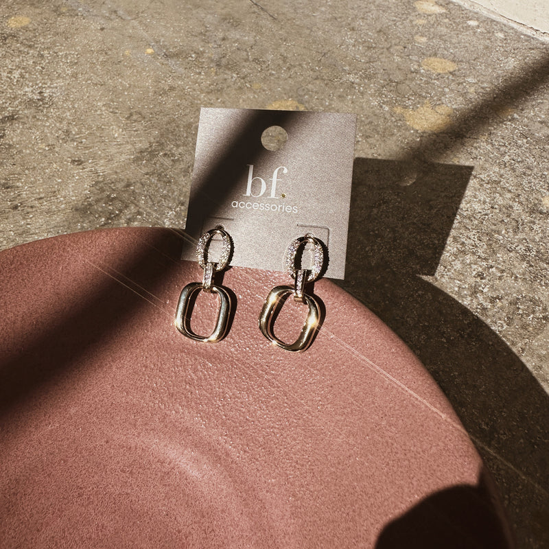 Gold Plated Pave Oval Rounded Open Square Earring