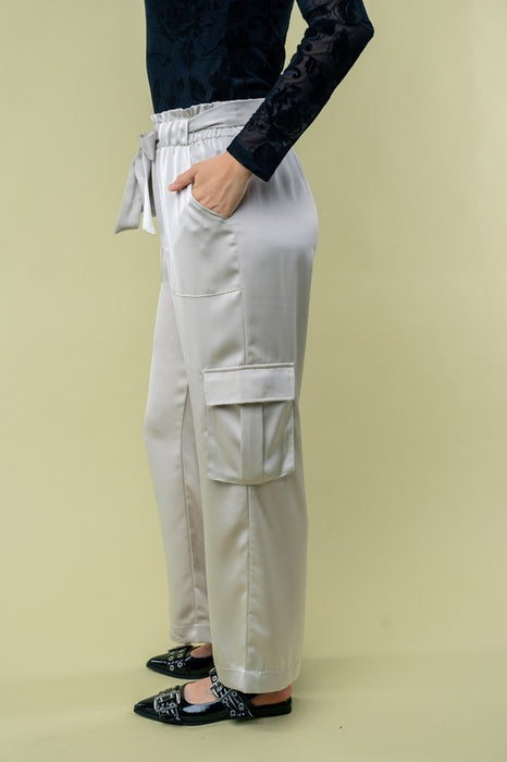 Satin Cargo Pants - Light Grey