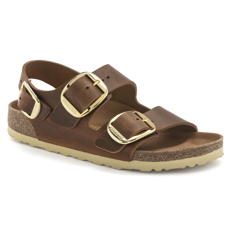 Birkenstock® • Milano Big Buckle Gold Oiled Leather - Cognac