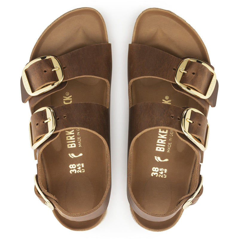 Birkenstock® • Milano Big Buckle Gold Oiled Leather - Cognac