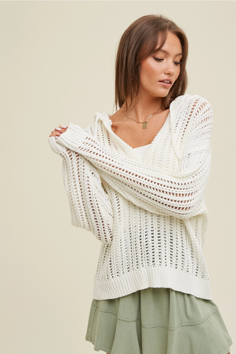 Open Knit Hooded Sweater - Cream