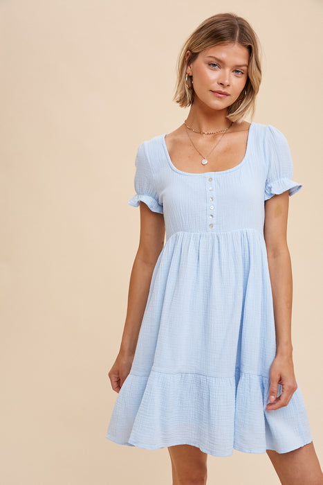 Gauze Babydoll Short Sleeve Dress - Powder Blue