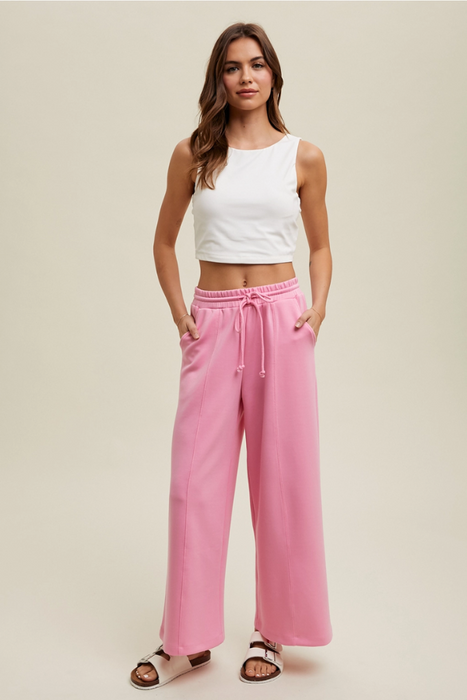 Scuba Drawstring Wide Leg Pants - Hibiscus