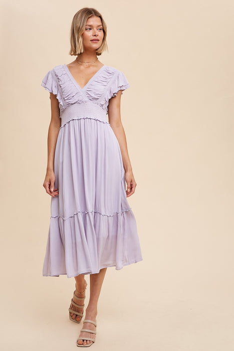 Surplice Midi Dress With Ruffle Sleeves - Lavender