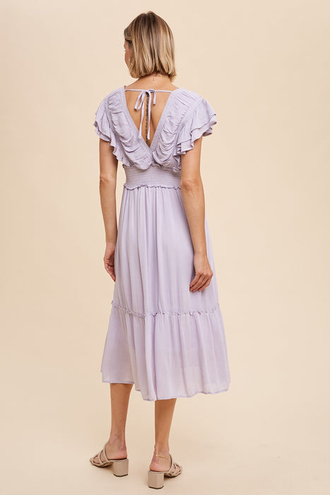 Surplice Midi Dress With Ruffle Sleeves - Lavender