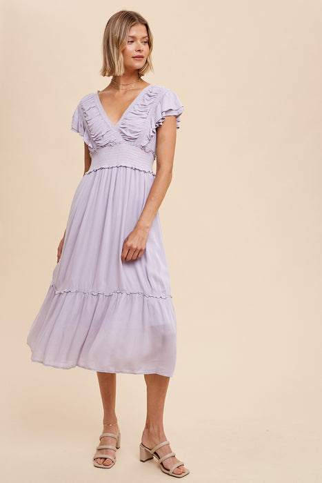 Surplice Midi Dress With Ruffle Sleeves - Lavender