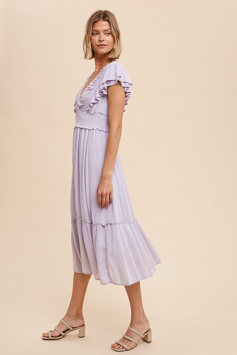 Surplice Midi Dress With Ruffle Sleeves - Lavender