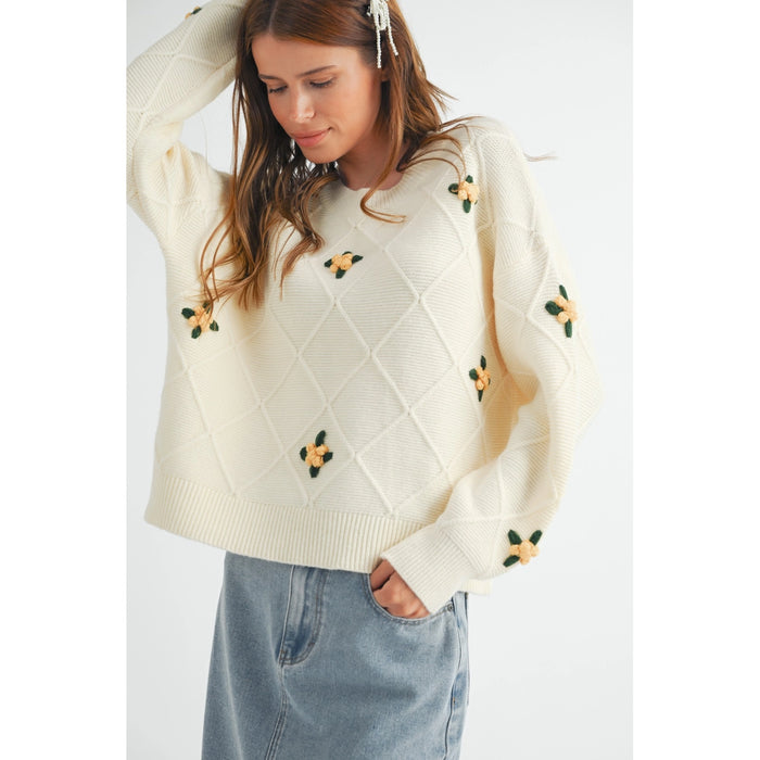 Floral Diamond Knit Sweater - Cream/Yellow